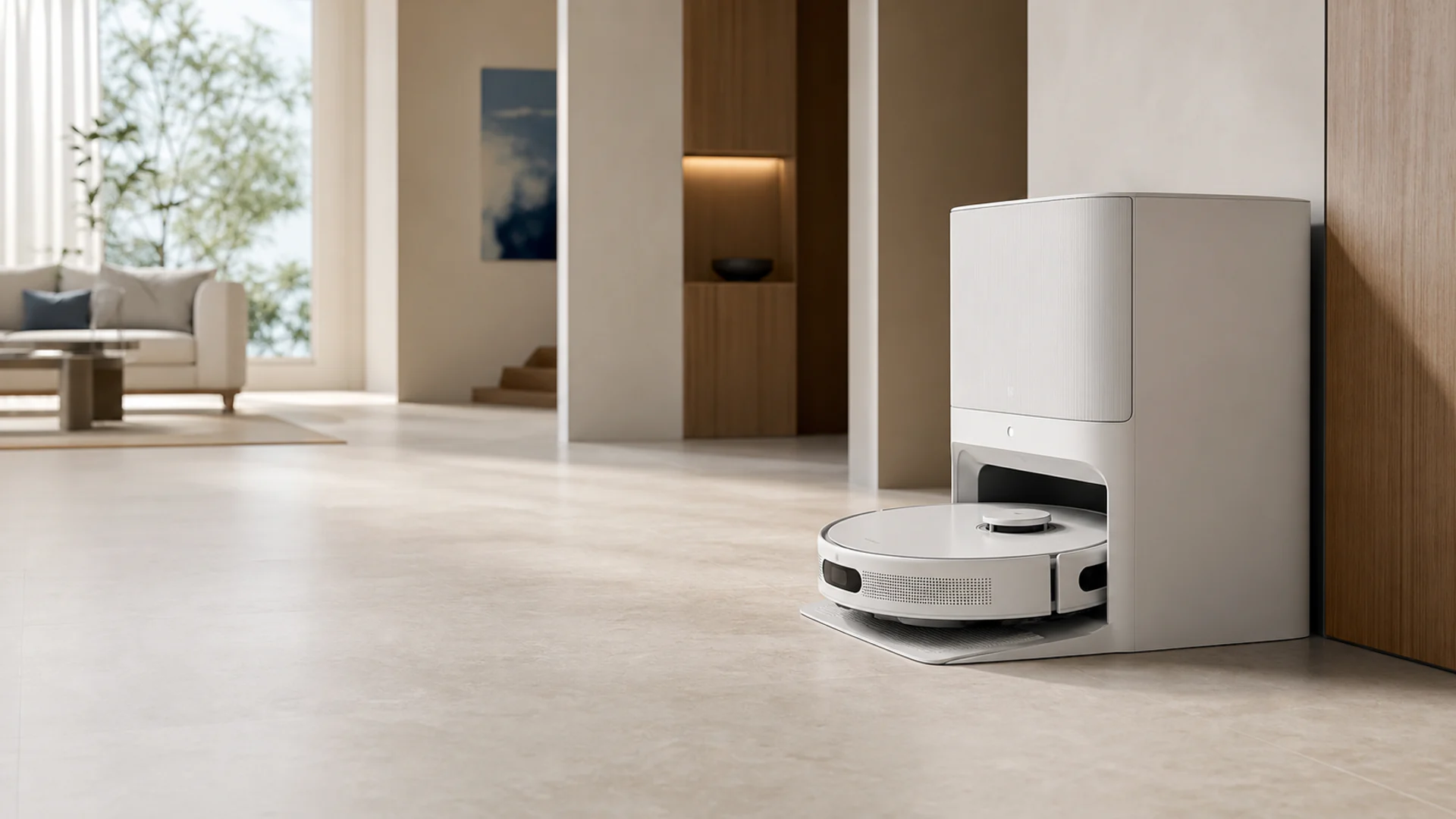 Robot hút bụi và trạm làm sạch trong căn hộ hiện đại