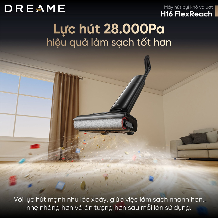 Lực hút công bố 28.000 Pa và cuộn lăn trên sàn cứng