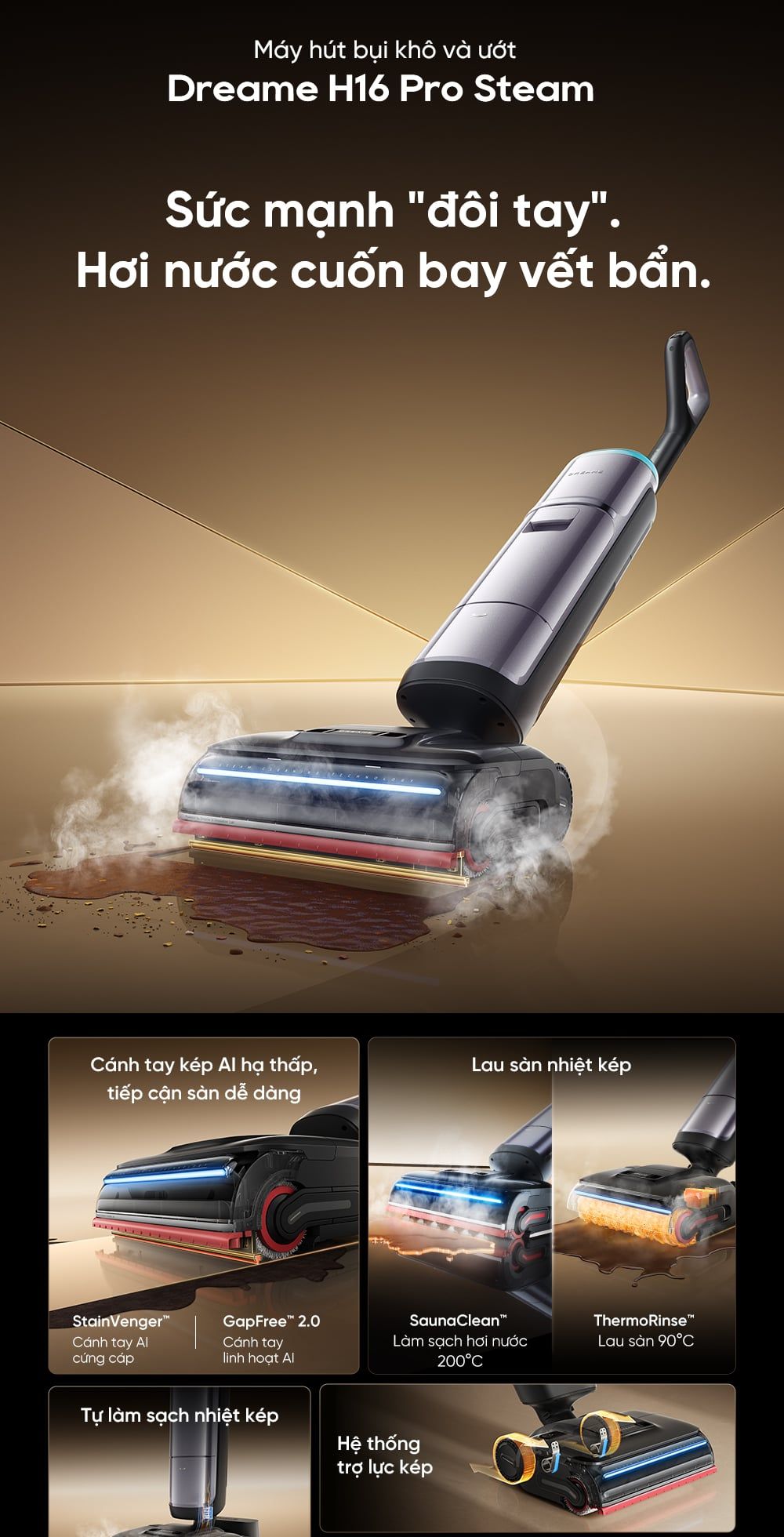 Dreame H16 Pro Steam và hệ thống làm sạch bằng nhiệt