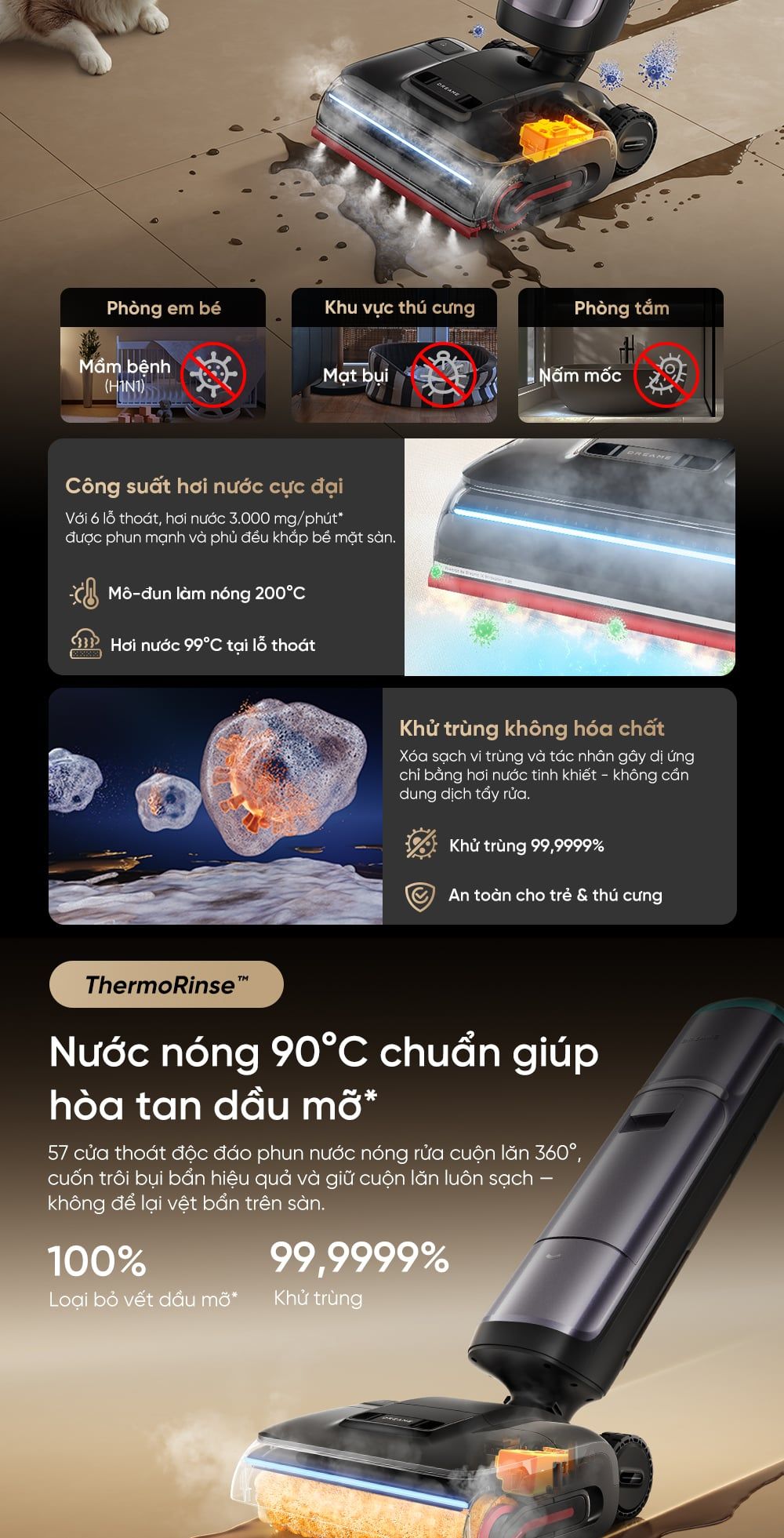 Cánh tay kép hỗ trợ làm sạch cạnh và vết bám
