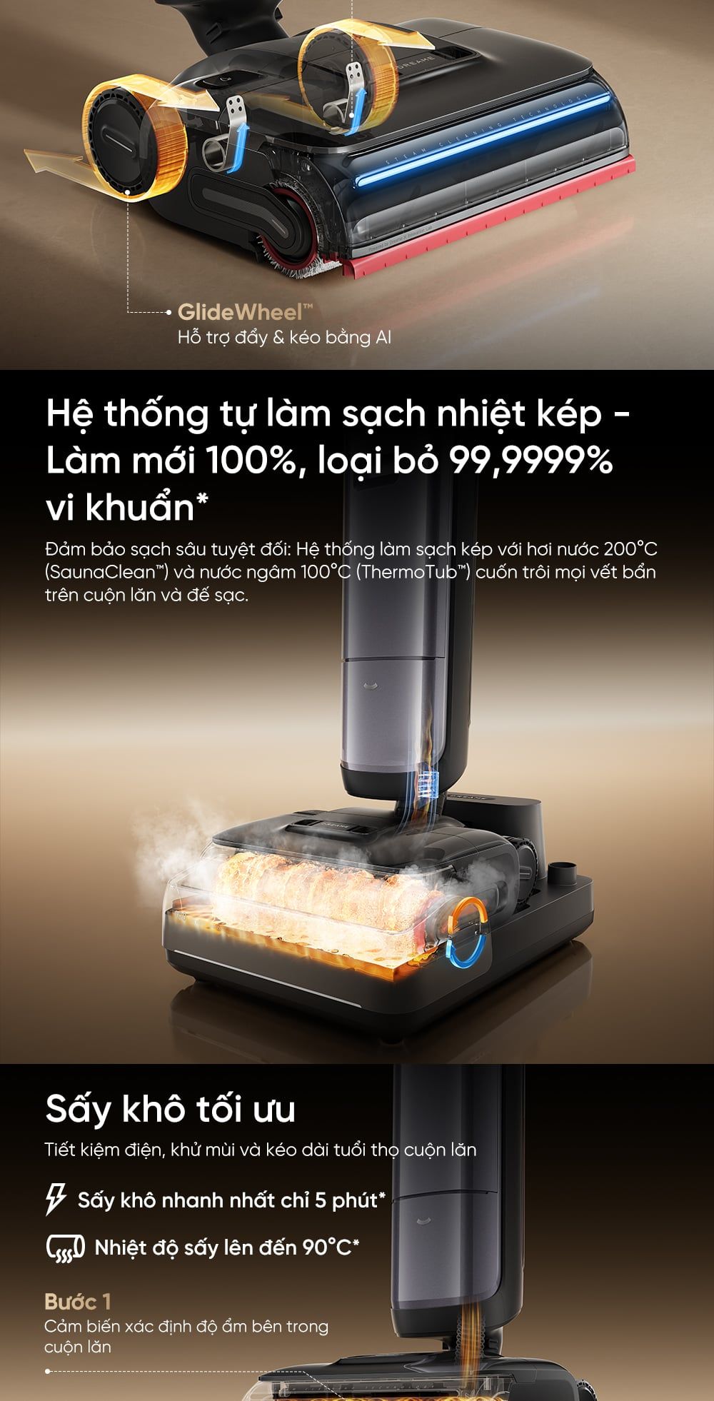Chu trình tự làm sạch và sấy con lăn 90°C