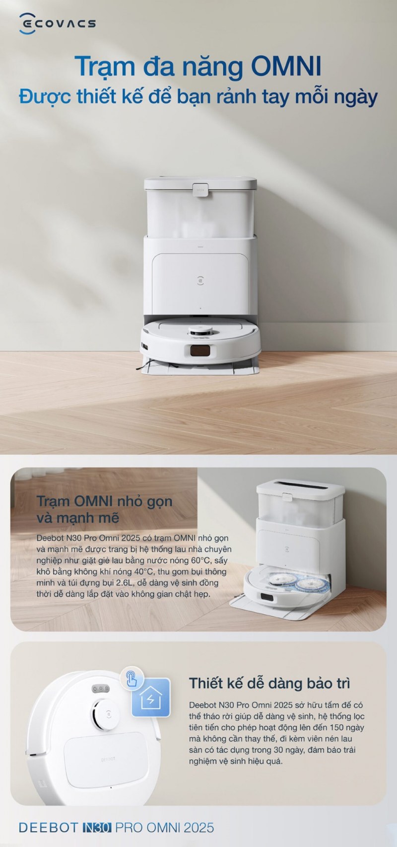 Ecovacs N30 Pro Omni với thiết kế robot v&agrave; trạm sạc đa năng tiện lợi