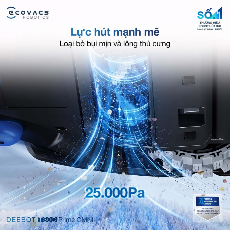 Lực h&uacute;t mạnh mẽ 25.000 Pa tr&ecirc;n Ecovacs T30C Prime Omni