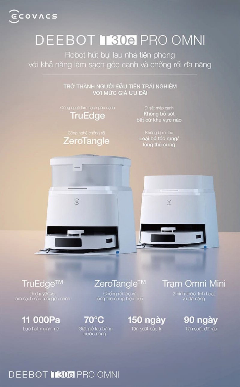 Ecovacs T30E Pro Omni với nhiều c&ocirc;ng nghệ l&agrave;m sạch hiện đại v&agrave; trạm sạc đa năng.