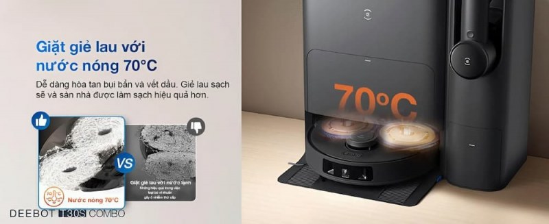 Giặt giẻ lau tự động với nước n&oacute;ng 70&deg;C tại trạm sạc