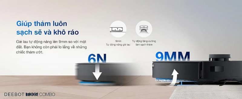 Giẻ lau n&acirc;ng 9mm v&agrave; tăng lực h&uacute;t tự động tr&ecirc;n thảm