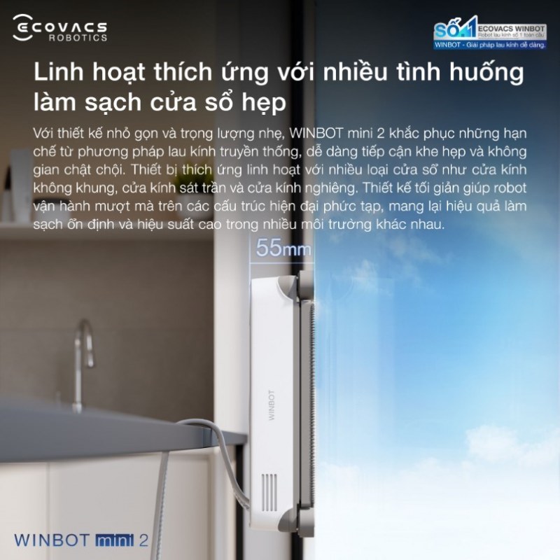 Robot lau k&iacute;nh Ecovacs Winbot Mini 2 treo tr&ecirc;n k&iacute;nh