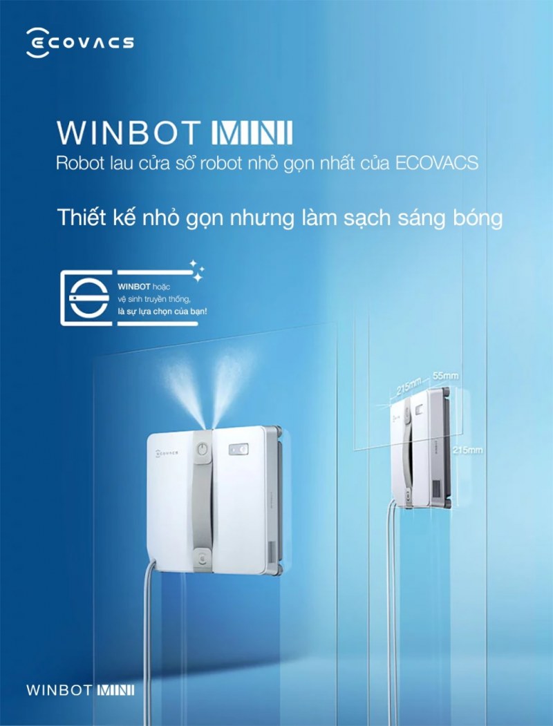 Robot lau k&iacute;nh Ecovacs Winbot Mini nhỏ gọn, l&agrave;m sạch s&aacute;ng b&oacute;ng