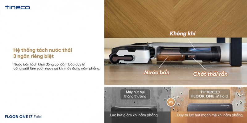 Hệ thống tách nước thải 3 ngăn duy trì lực hút khi nằm phẳng.