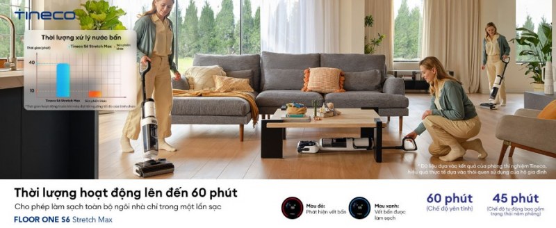 Thời lượng pin d&agrave;i cho ph&eacute;p l&agrave;m sạch li&ecirc;n tục đến 60 ph&uacute;t
