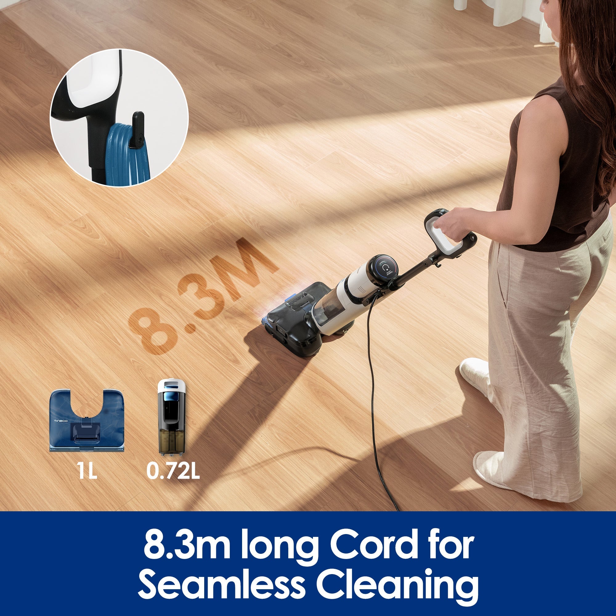 Dây nguồn 8,3 mét và hai bình nước của Tineco S6 Stretch Steam