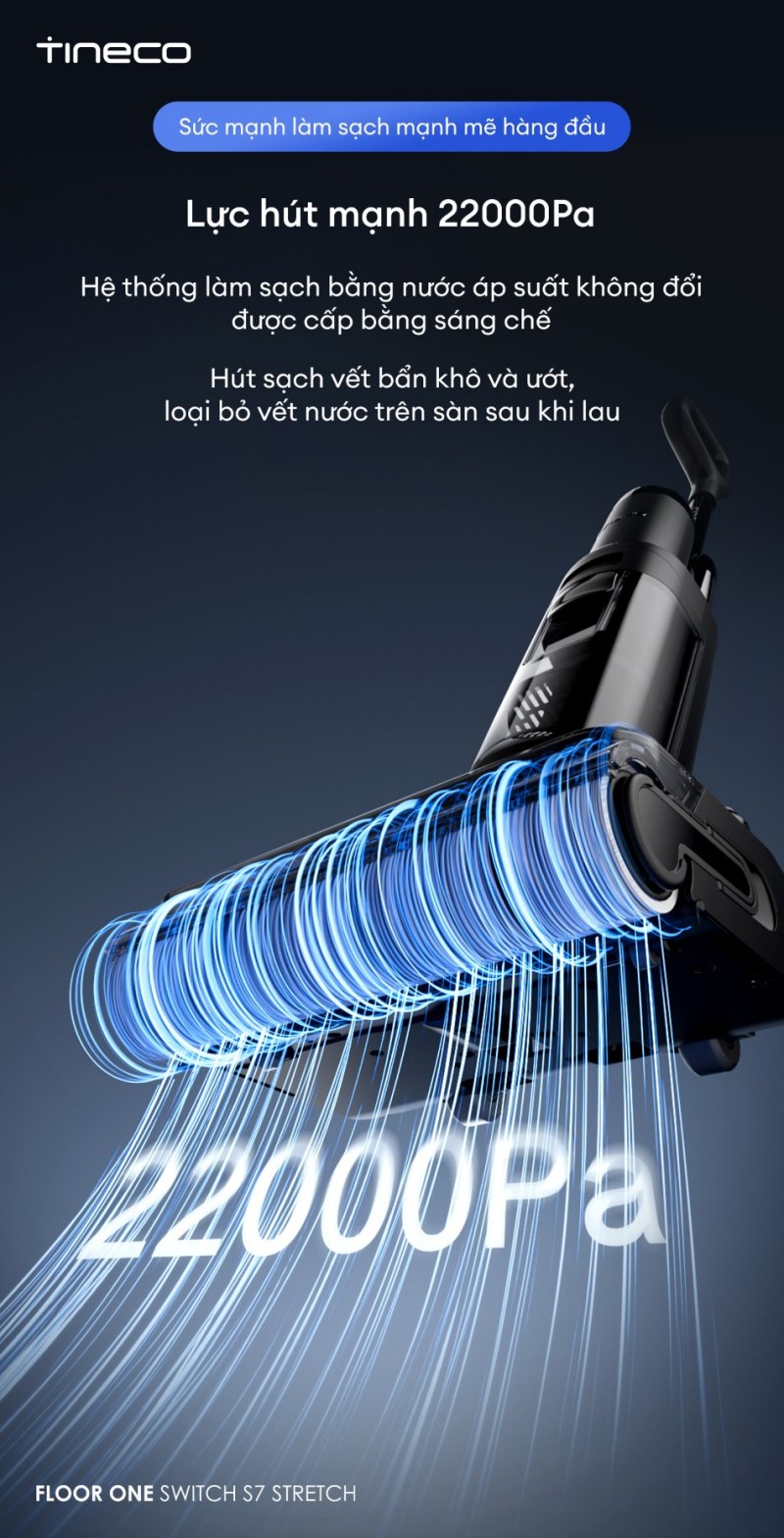 Lực h&uacute;t mạnh 22000Pa v&agrave; hệ thống l&agrave;m sạch bằng nước &aacute;p suất kh&ocirc;ng đổi