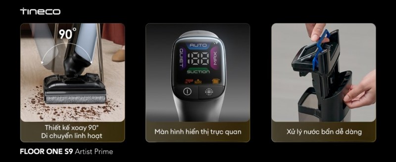 Đầu h&uacute;t xoay 90&deg; v&agrave; m&agrave;n h&igrave;nh hiển thị trực quan