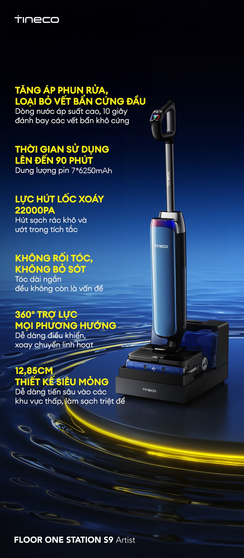 T&iacute;nh năng l&agrave;m sạch mạnh mẽ v&agrave; pin dung lượng lớn của Tineco Station S9 Artist